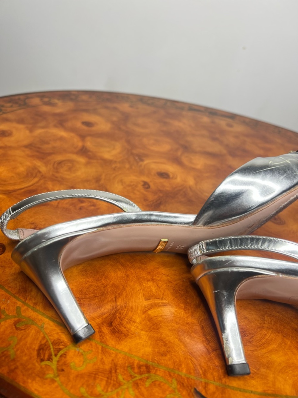 Metallic Silver Pointed Toe Slingback Flats with Gold Studs - Picture 7 of 7